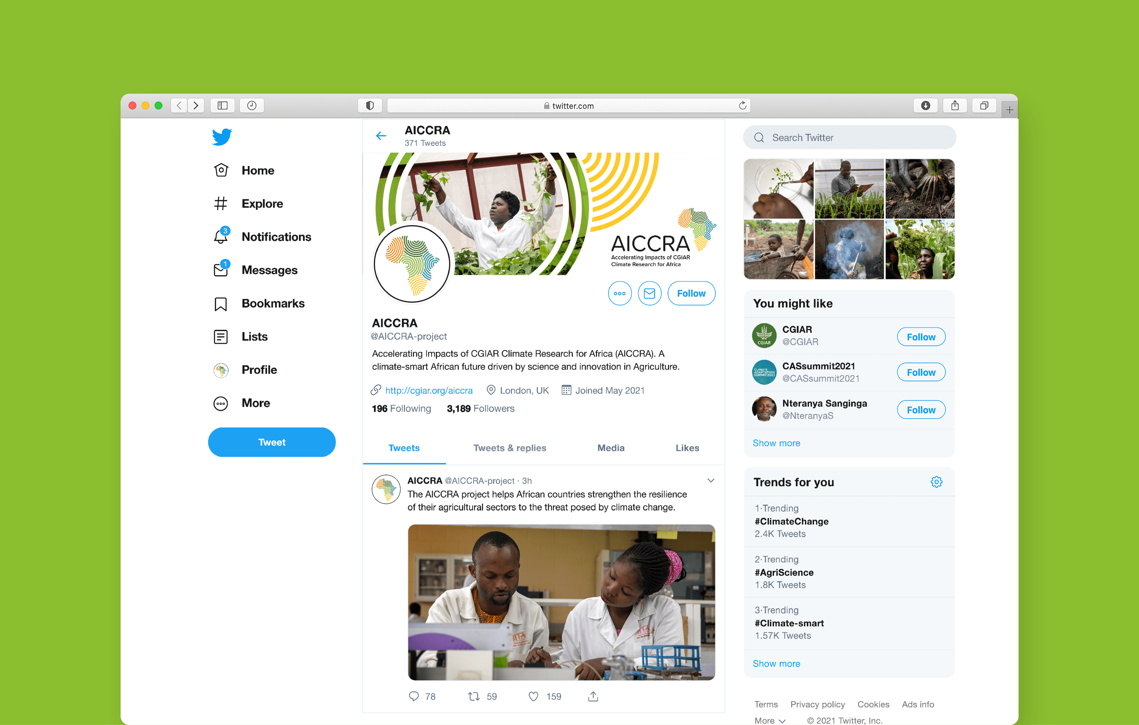 AICCRA Twitter page example